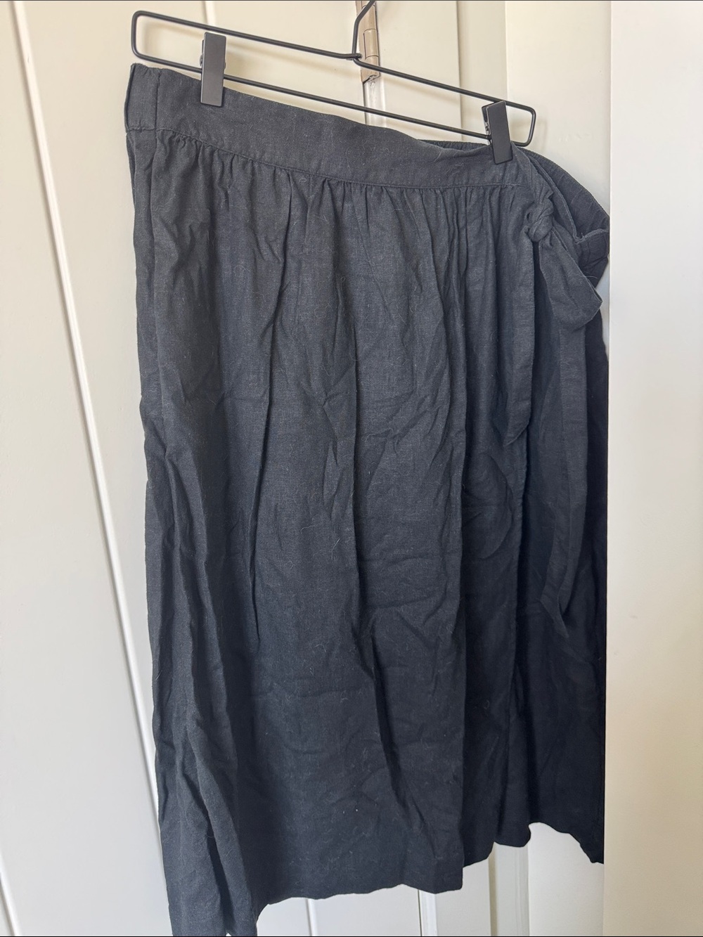 Linen Black Midi Wrap Skirt with Side Tie